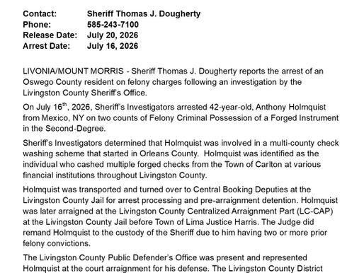 FELONY ARREST IN THE TOWN OF LIVONIA/MOUNT MORRIS