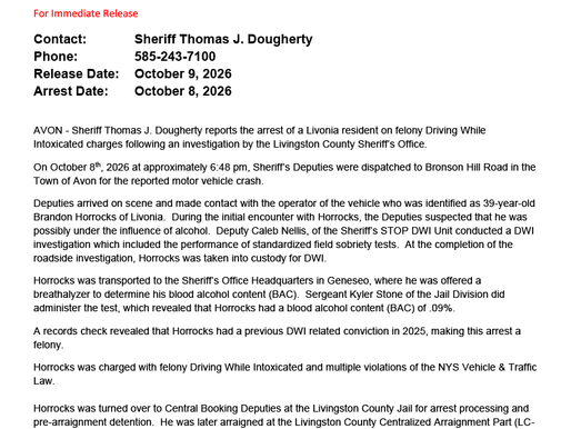FELONY ARREST IN THE TOWN OF AVON