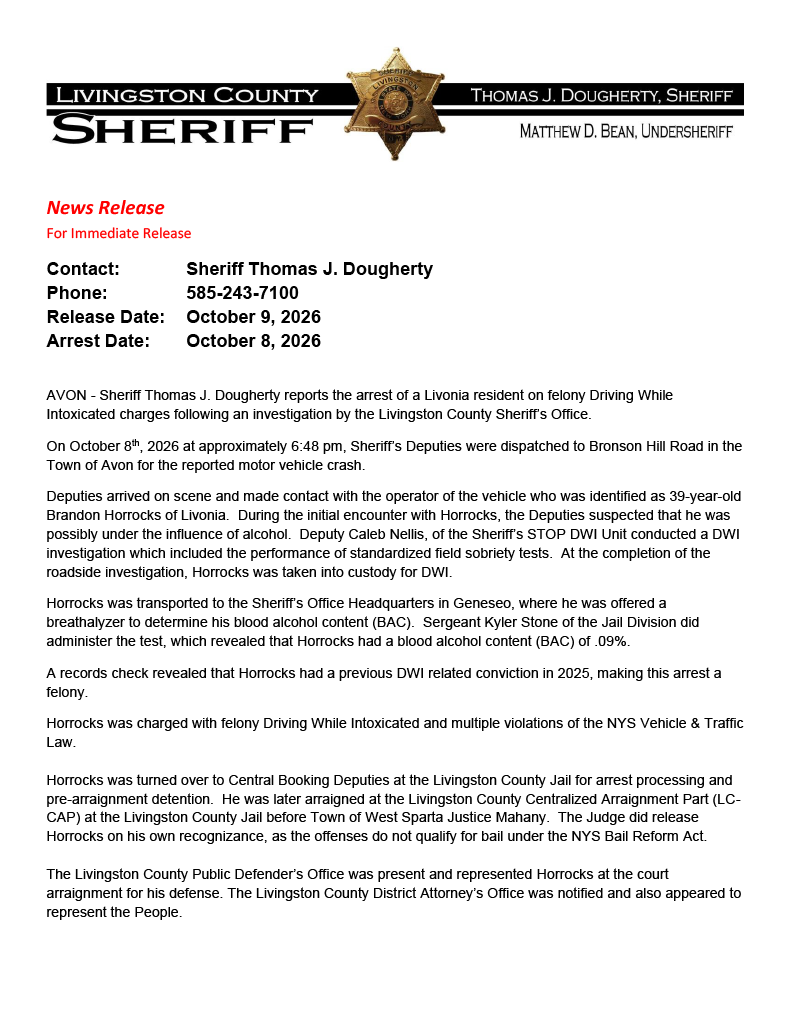 FELONY ARREST IN THE TOWN OF AVON