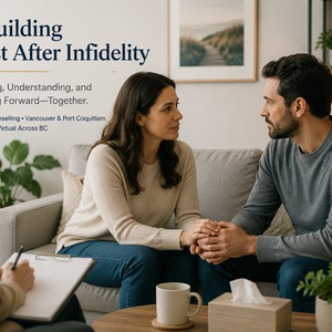 Couple in a counselling session working to rebuild trust after infidelity with a couples counsellor in Vancouver
