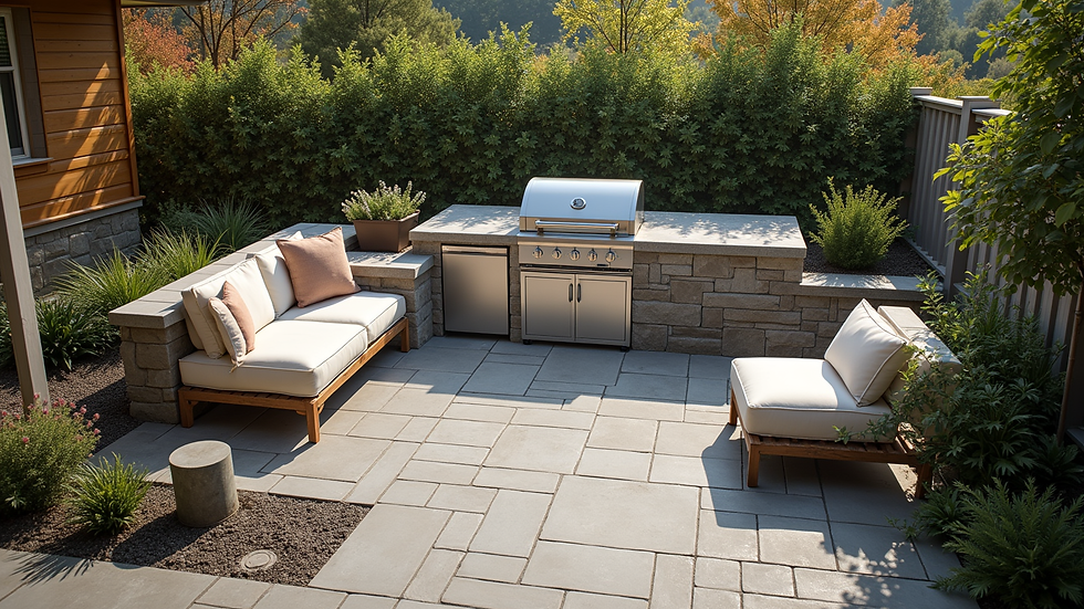 High angle view of a backyard outdoor kitchen with built-in grill and seating area