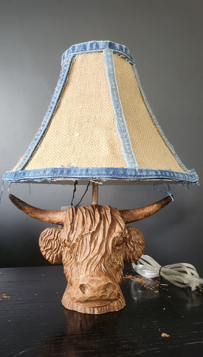 cow with horns lamp base with burlap and denim shade