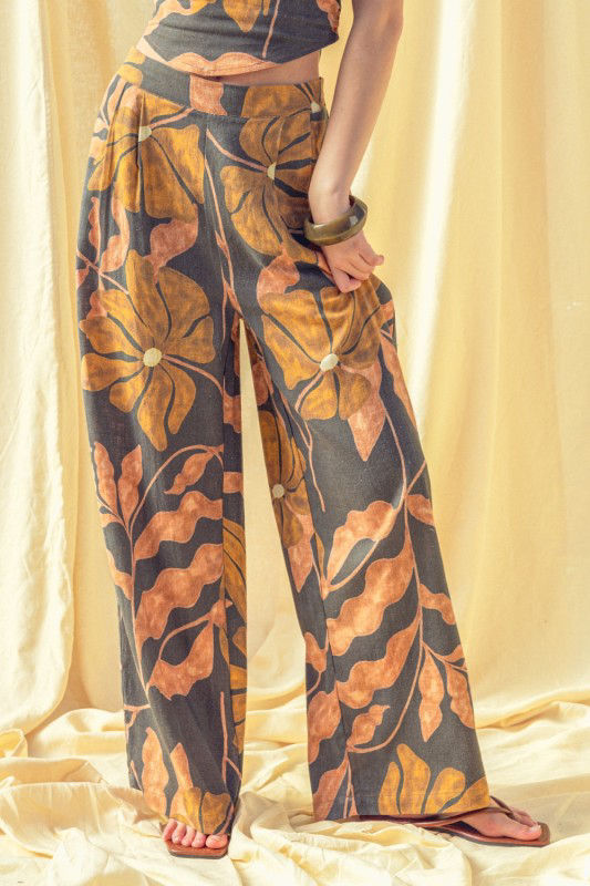 leaf print linen wide leg 