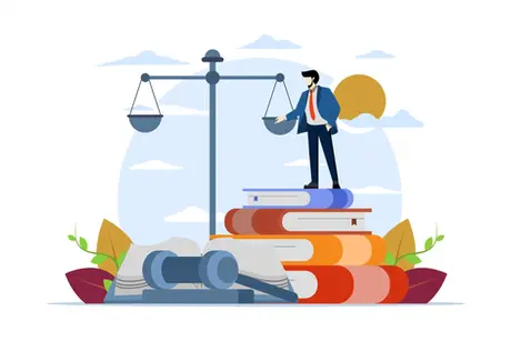 A man standing on a pile of books looking at a giant scale