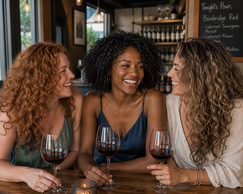friends hanging out at a wine bar talking. all with different types of curly hair