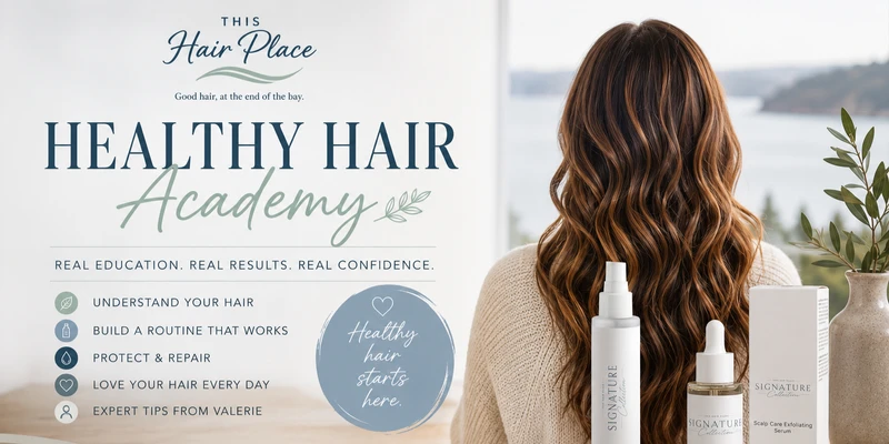 Healthy Hair Academy woman with long brown healthy hair staring out a window with Signature collection products
