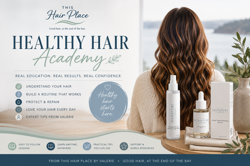 Healthy Hair Academy woman with long brown healthy hair staring out a window with Signature collection products