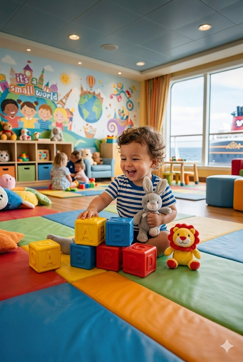 A happy toddler in a striped shirt plays with alphabet blocks and stuffed toys in the vibrant Disney Cruise Line "it's a small world" nursery, which features colorful floor mats and large ocean-view windows.