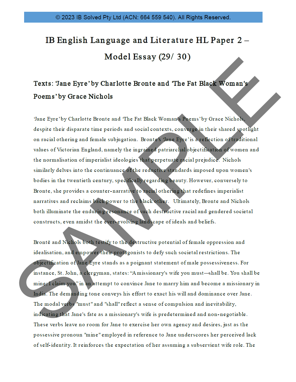 IB English A Language and Literature HL Paper 2 Model Essay Example 1 (29/30)