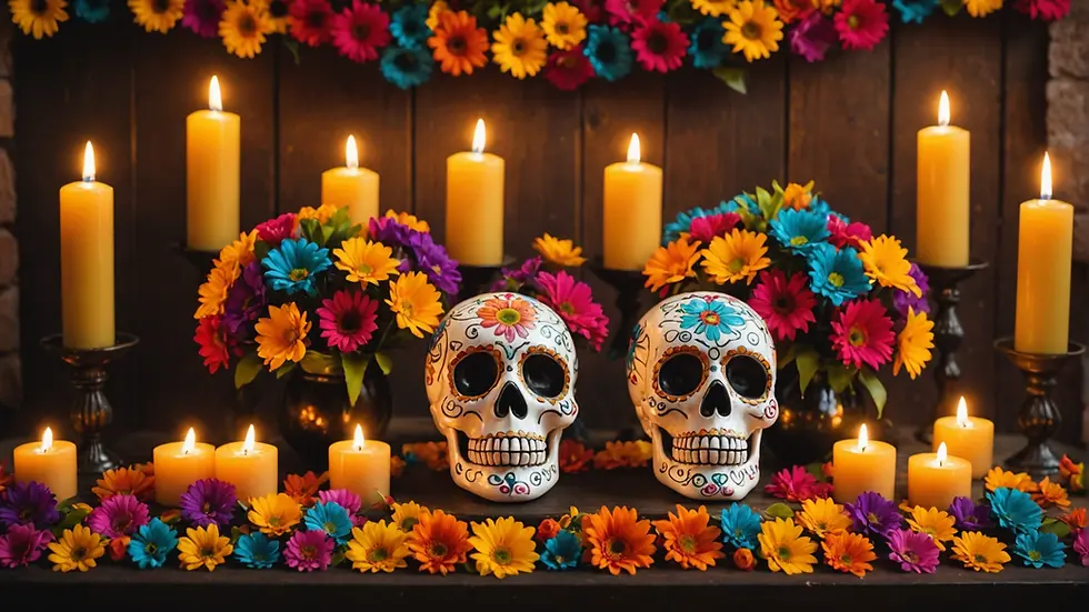 A vibrant altar for Day of the Dead with colorful flowers and candles