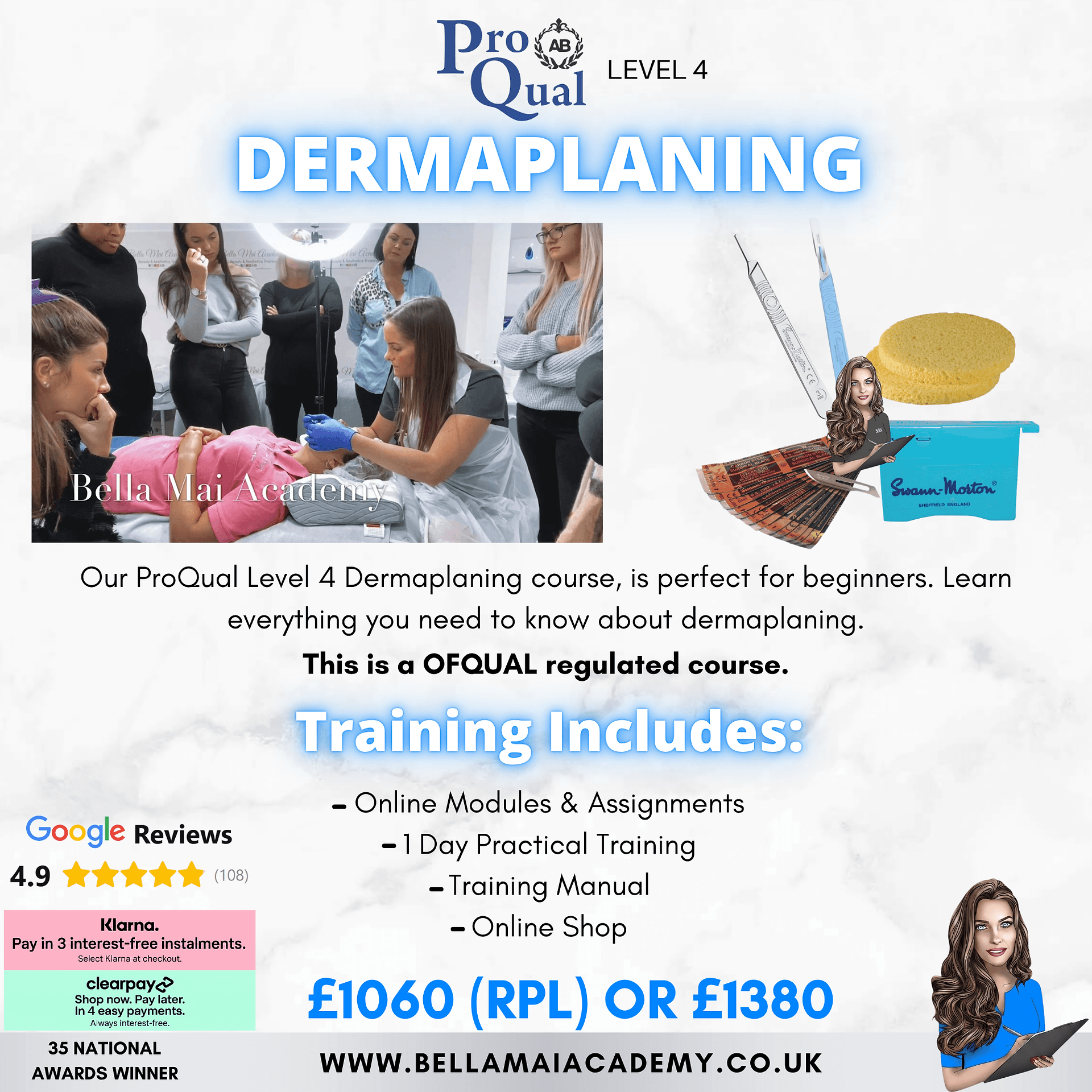 Bella Mai Academy promotional graphic for the ProQual Level 4 Dermaplaning qualification, showing a tutor demonstrating a dermaplaning treatment on a client while students observe.