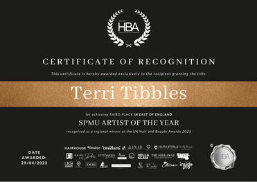 Terri Tibbles 3rd Place SPMU Artist of the Year East of England UK Hair & Beauty Awards 2023