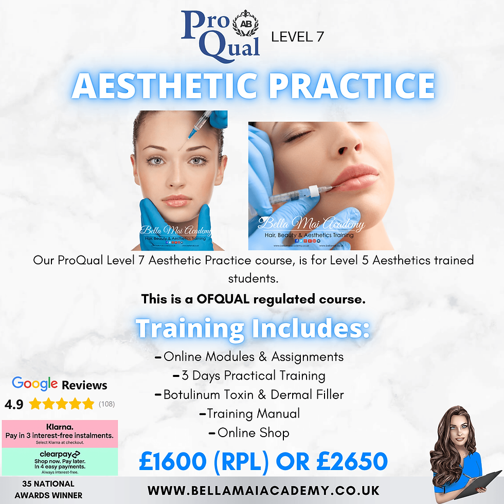 Bella Mai Academy promotional graphic for the ProQual Level 7 Diploma in Aesthetic Practice, featuring an image of a mature woman and highlighting the specialisms of Botulinum Toxin and Dermal Fillers.