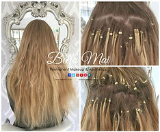Before image showing an example of poorly fitted micro ring hair extensions with uneven rows, visible links, and mismatched ring colors causing potential scalp discomfort.