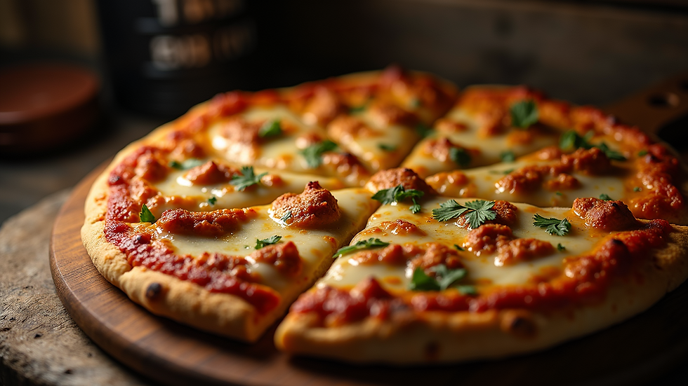 High angle view of homemade chicken tikka pizza fresh out of the oven