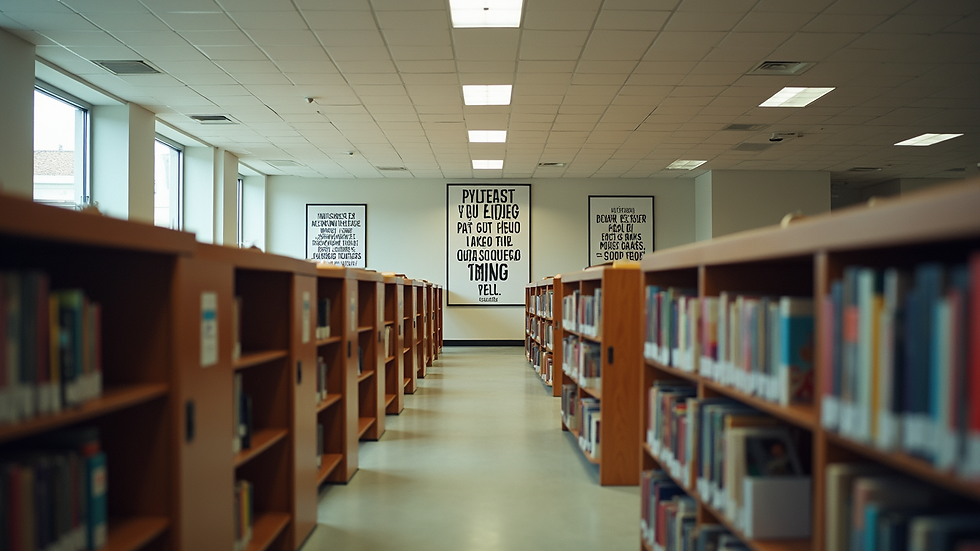 Wide-angle view of a library with inspiring posters and motivational phrases on the walls