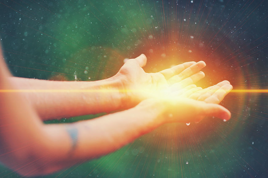 Woman hands praying for blessing from god, blurred nature background, rain, day. Religious