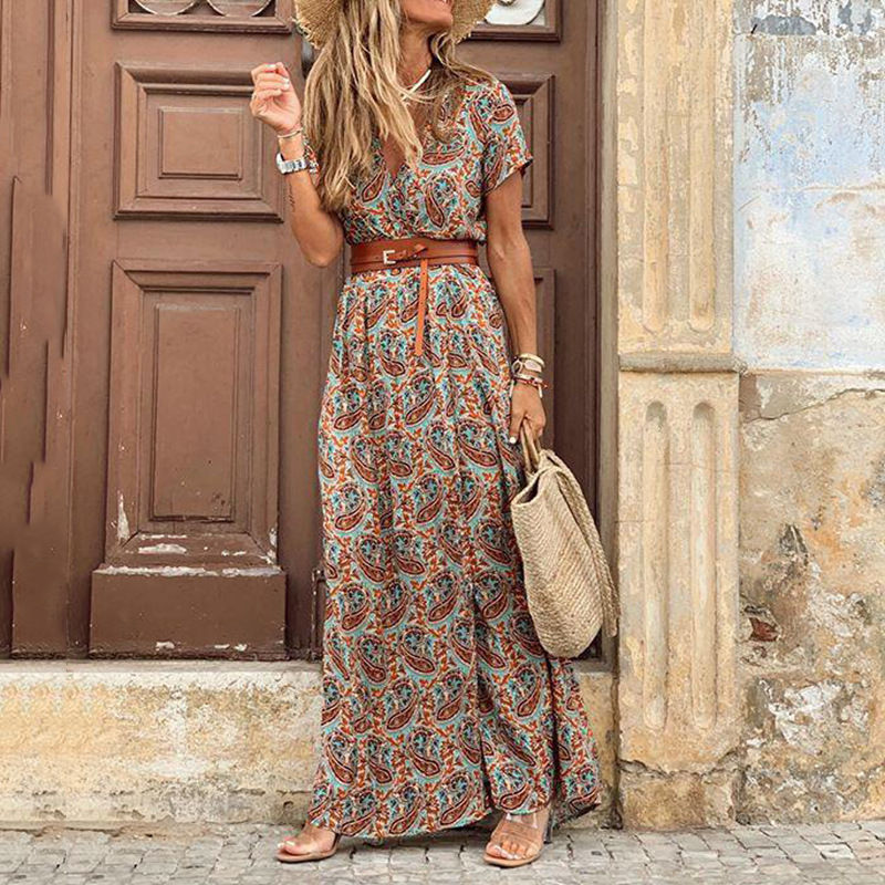 Thumbnail: Summer V‑Neck Boho Belted Maxi Dress Casual Beach Party Style