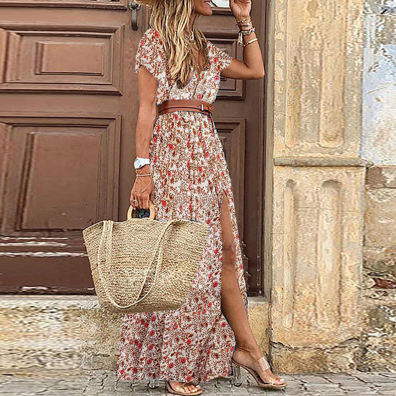 Thumbnail: Summer V‑Neck Boho Belted Maxi Dress Casual Beach Party Style