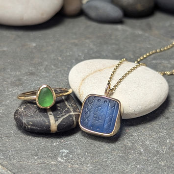 solid 9ct seaglass gold ring and necklace