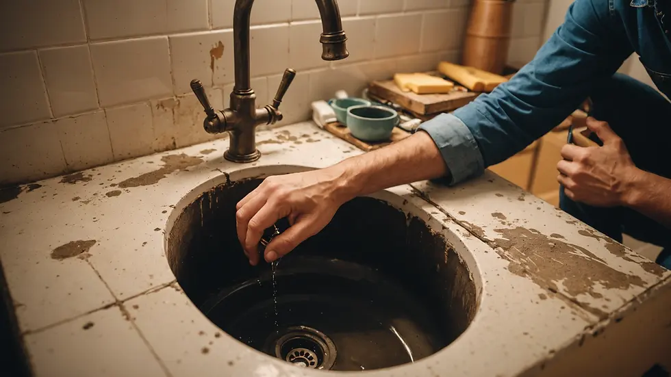 A homeowner inspecting a clogged drain