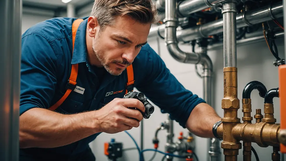 Eye-level view of a technician inspecting a plumbing system