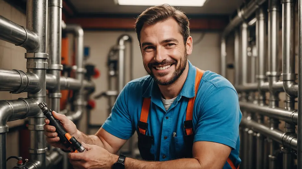 A smiling plumber inspecting pipes