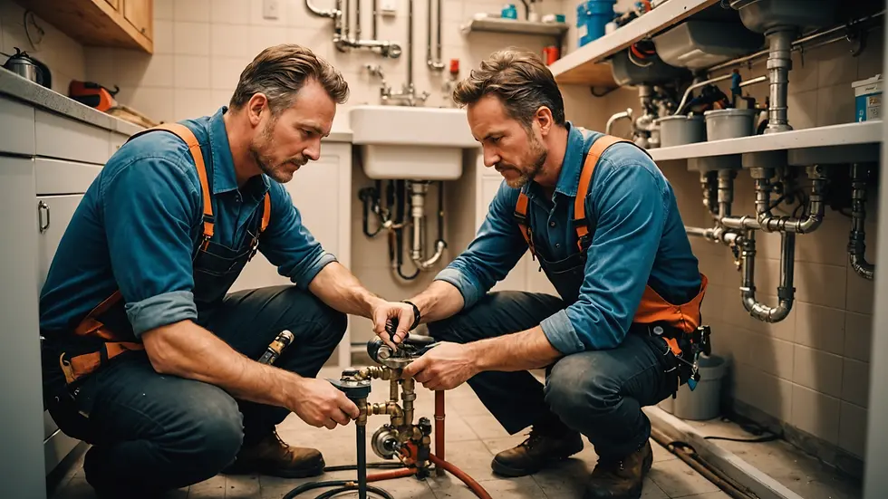 Wide angle view of a plumber at work fixing pipes
