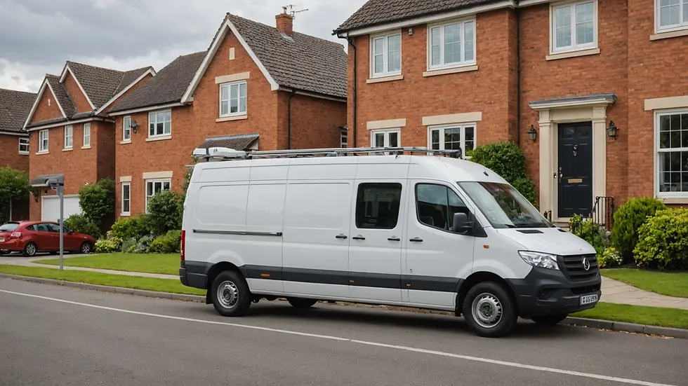 Wide angle view of a plumbing van parked outside a residential house