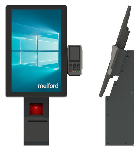 Falcon self-service kiosk front and side view.