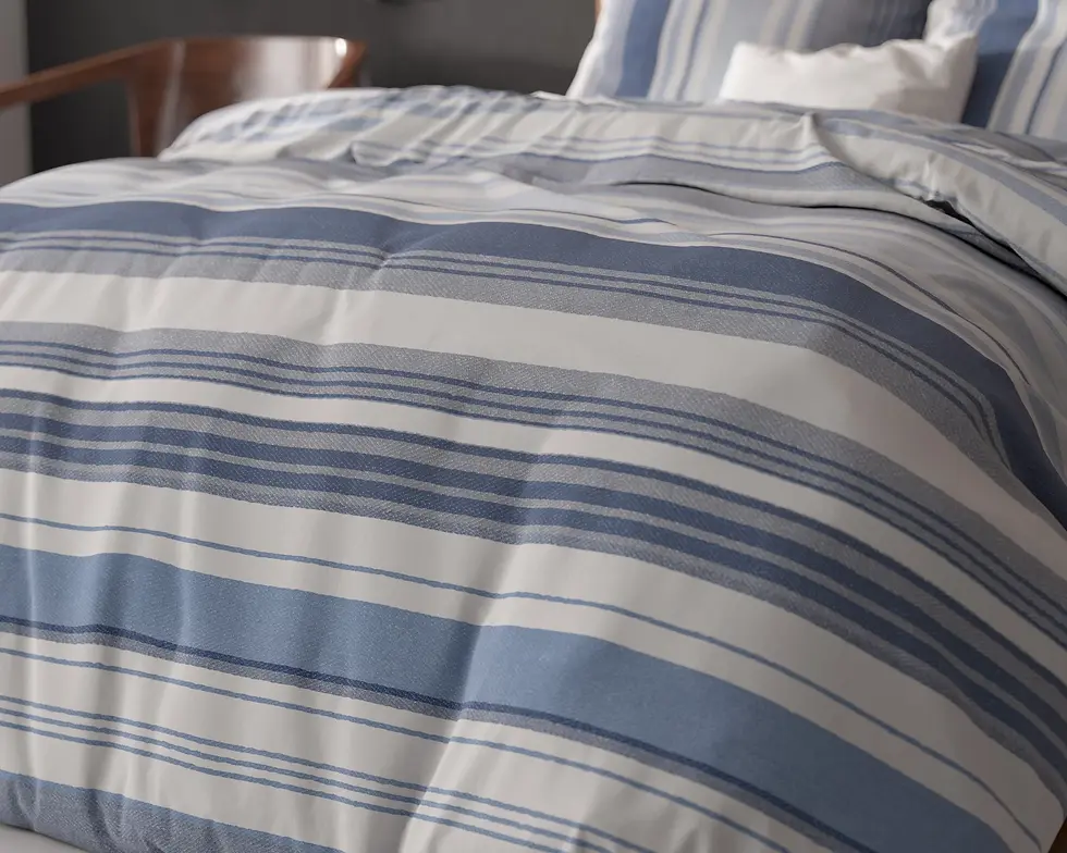 Miniatura: parure de lit coton ensemble housse de couette et taies d'oreiller rayures retro bleu gris blanc