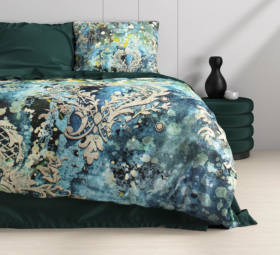 Miniature : "OCEAN DROPS" Parure de lit 100% Coton Multi Bleu Émeraude Blanc Abstrait Marin Made in Europe