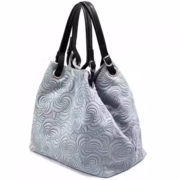 Miniature : Sac à main cabas italien cuir véritable motif relief gris clair