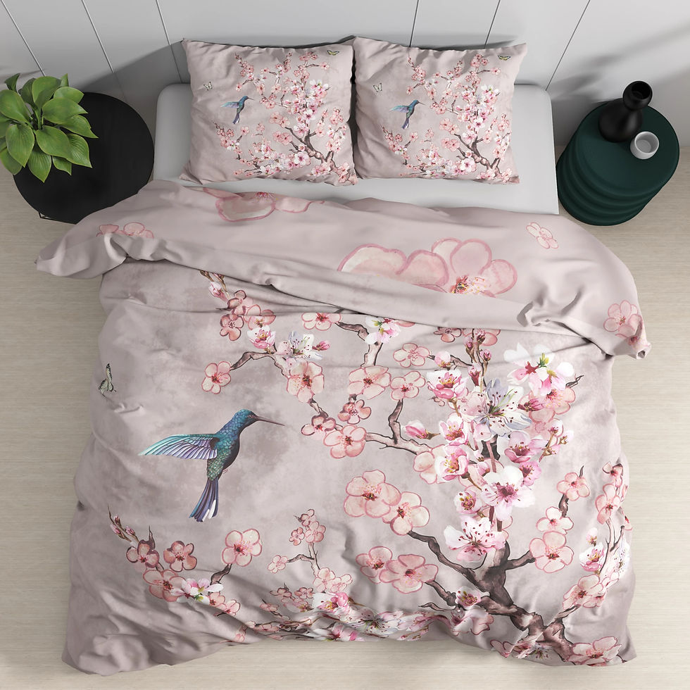 Parure de lit coton, motif sakura rose et colibris