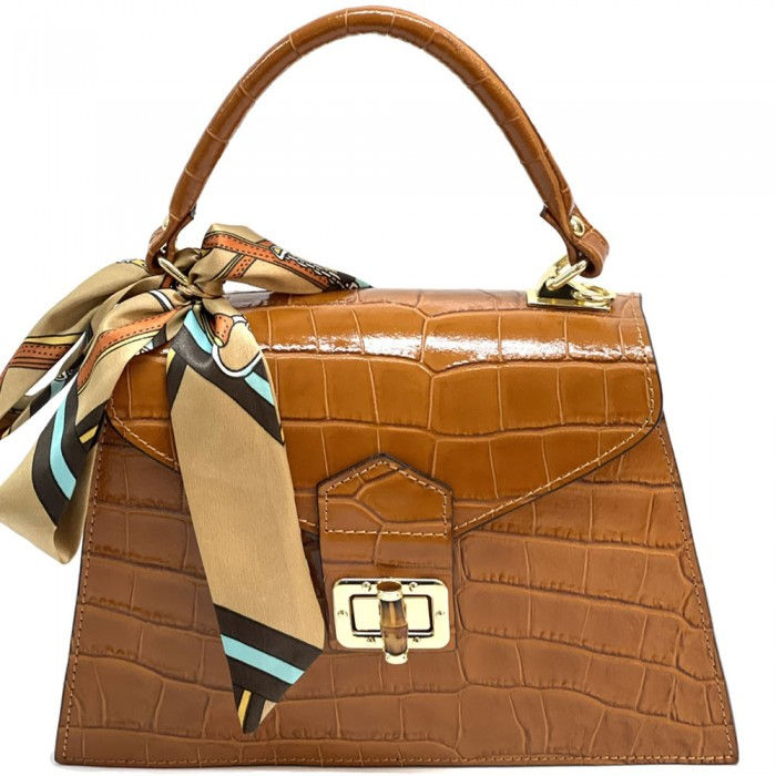Sac à main en cuir italien véritable, effet croco, de couleur marron, avec anse rigide et finitions soignées.