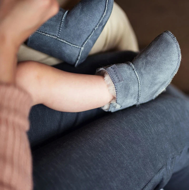 Miniatura: chaussons chaussettes bottines peau de mouton fourrure naturelle merinos extra chaude bébé enfant gris