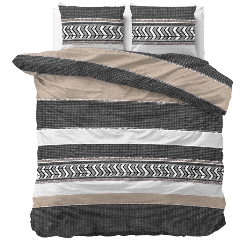 Parure de lit rayée gris beige, coton INKA