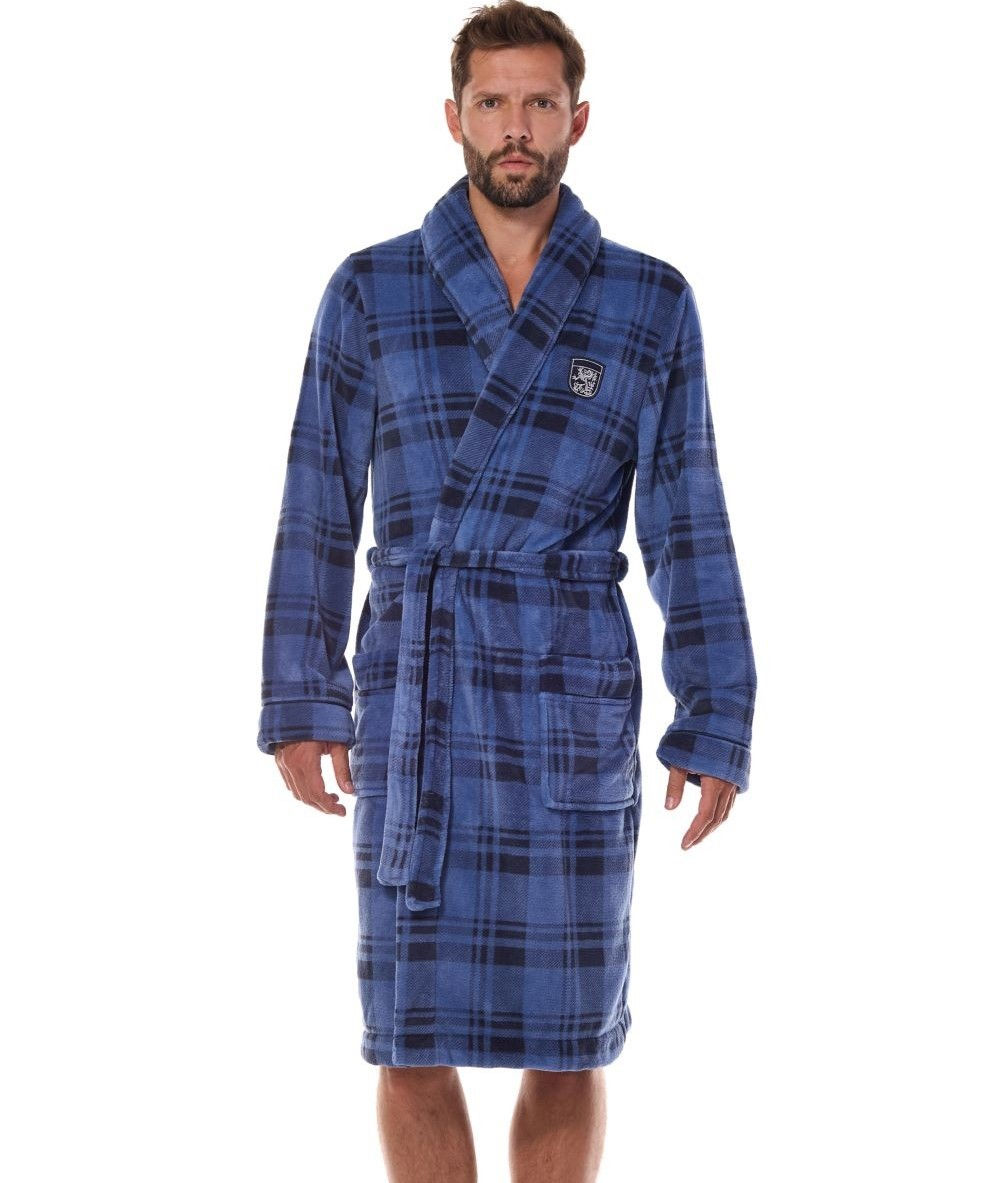peignoir robe de chambre longue en velours fleece polaire pour hommes carreaux bleu navy
