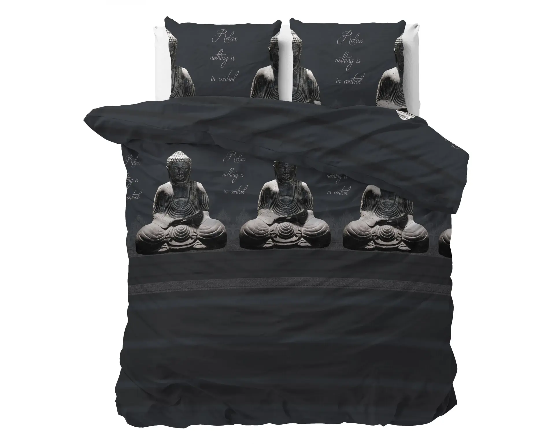 parure de lit coton ensemble housse de couette et taies d'oreiller mandala asiatique tibétain buddha anthracite gris