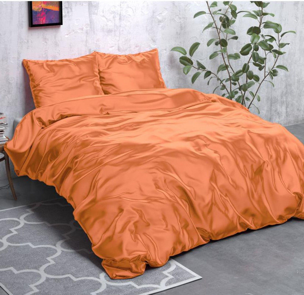 Parure de lit Satin Microfibre Brillant Orange Ensemble Housse de couette Taies d'Oreiller