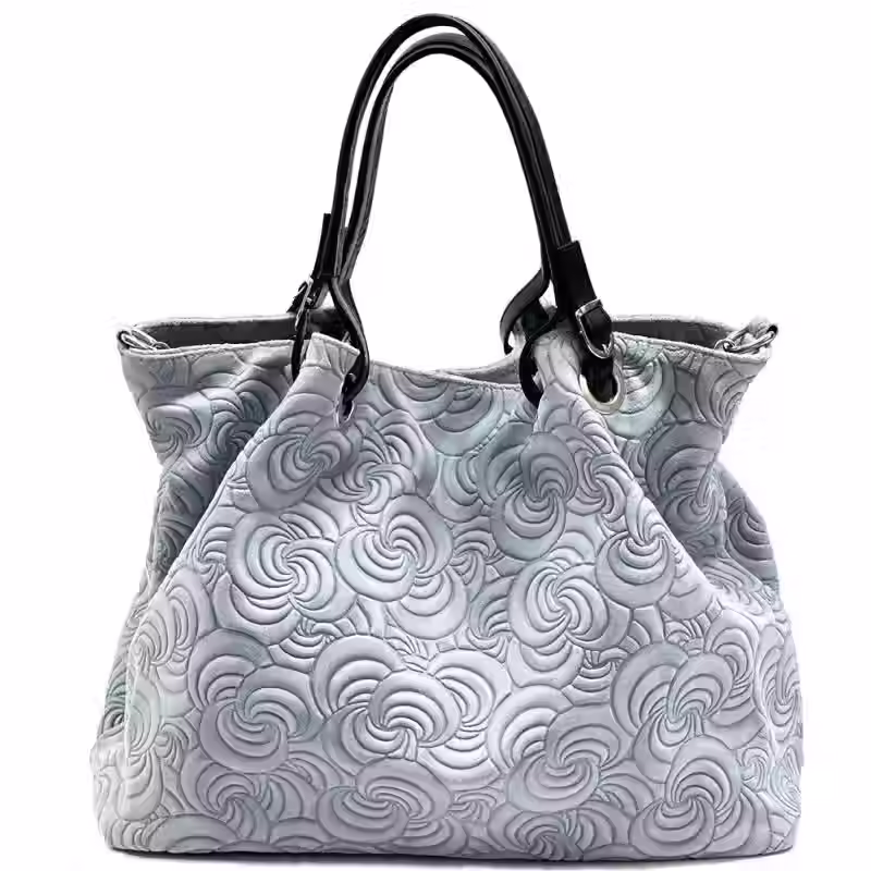 Sac à main cabas italien cuir véritable motif relief céleste clair