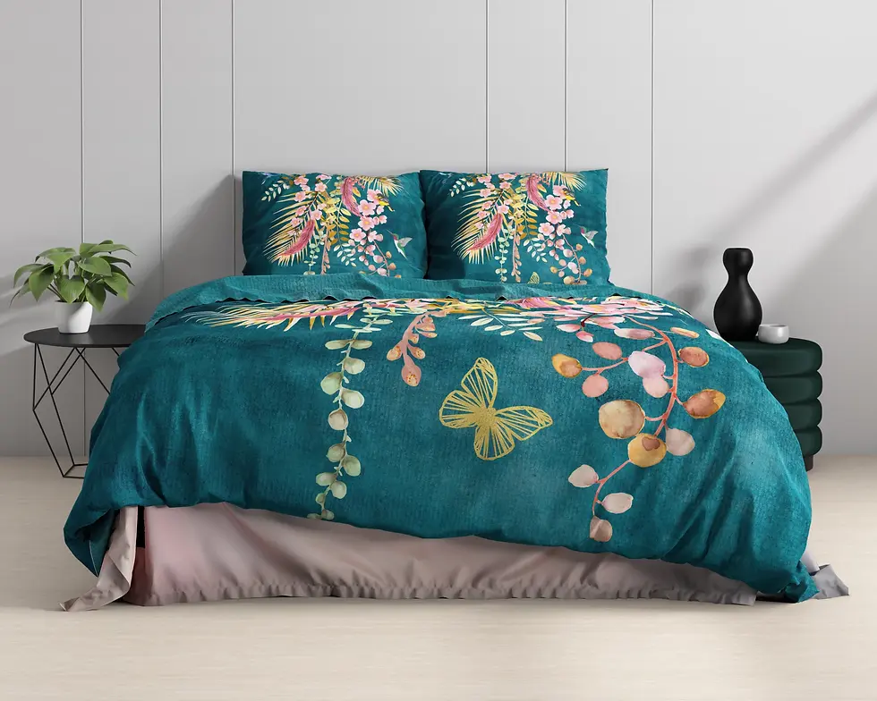 Miniatura: parure de lit coton ensemble housse de couette et taies d'oreiller coton de satin vert bleu pétrole rose fleurs jardin