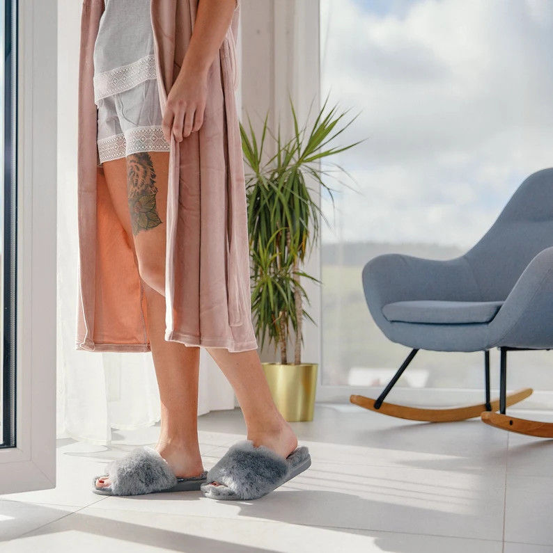 Miniatura: chaussons mules pantoufles peau de mouton fourrure naturelle merinos extra chaude femme gris