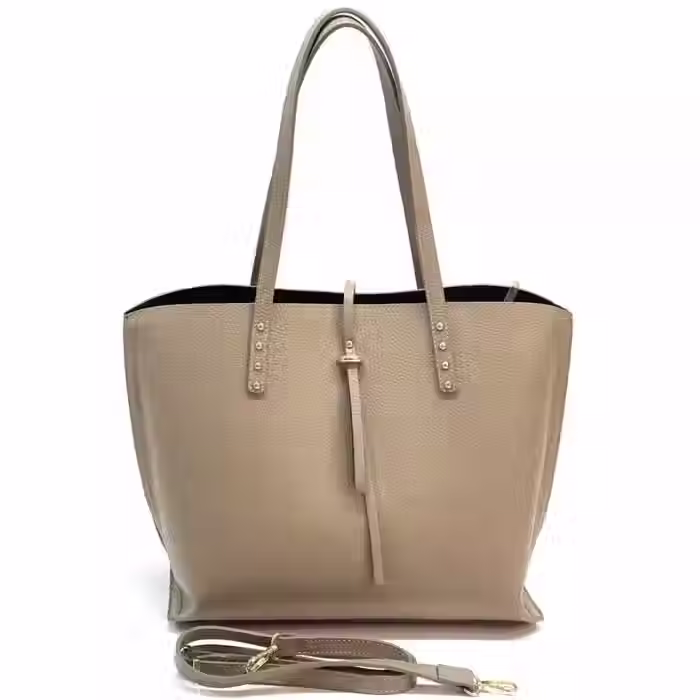 Thumbnail: Sac à main Cabas Italien Cuir Véritable Beige Taupe BELINDA