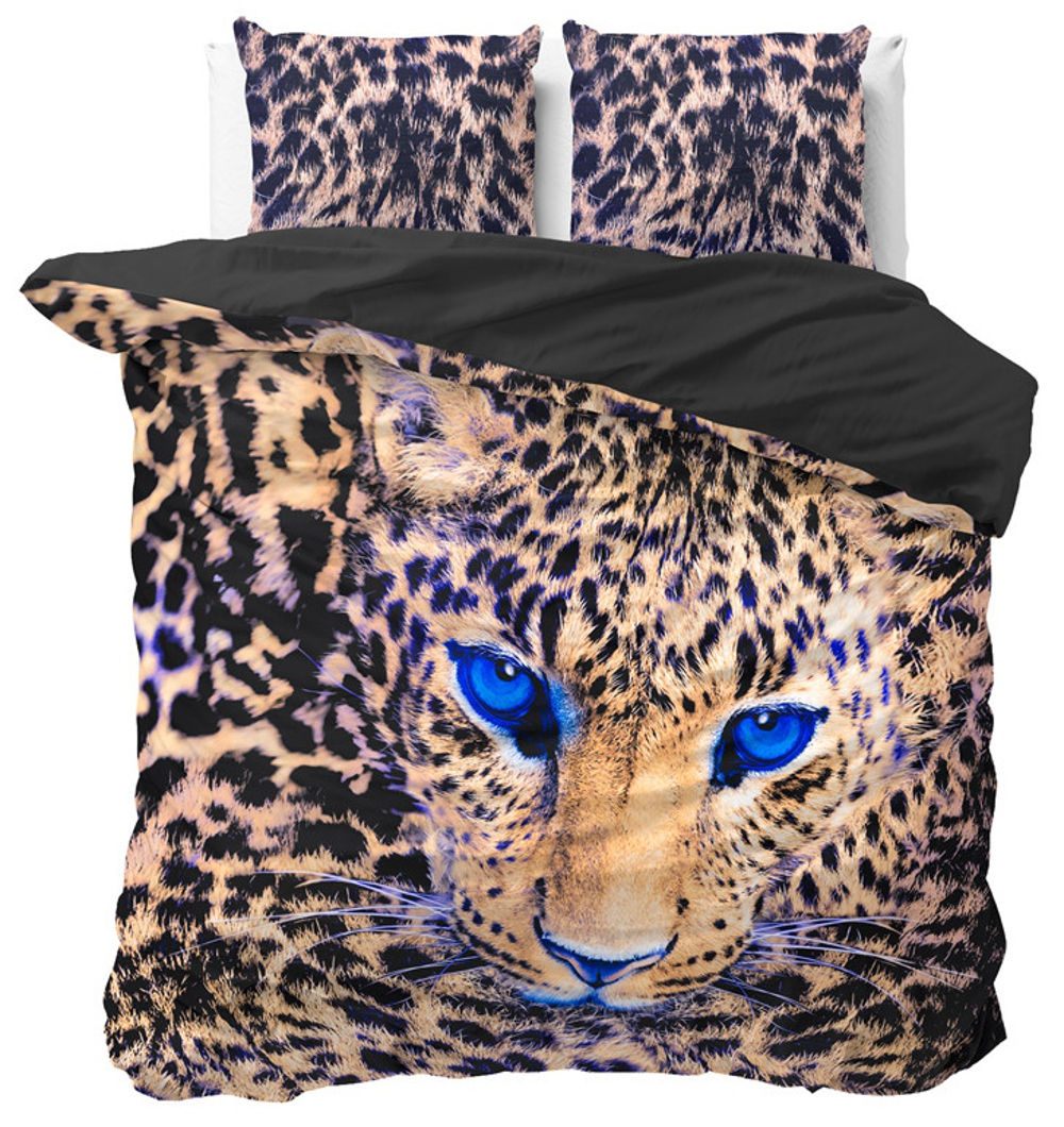 ensemble 3 pieces housse de couette taies d'oreiller coton léopard noir beige bleu moderne