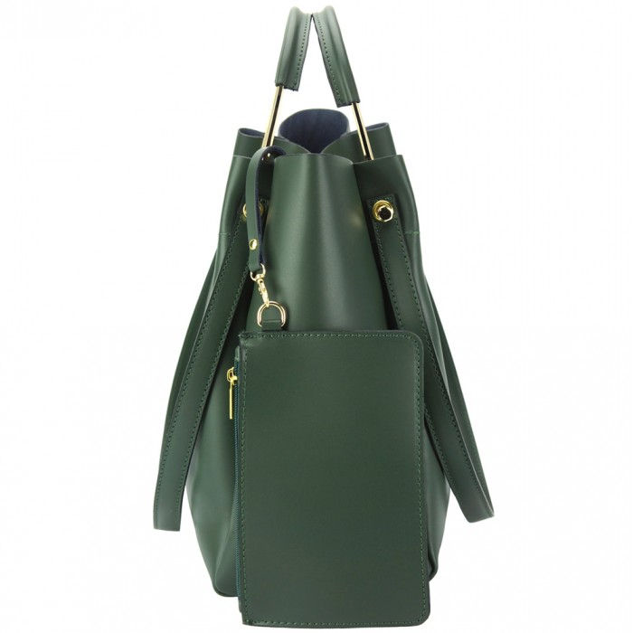 Thumbnail: sac à main bandoulière shopper cuir véritable pétrole vert handmade made in italy