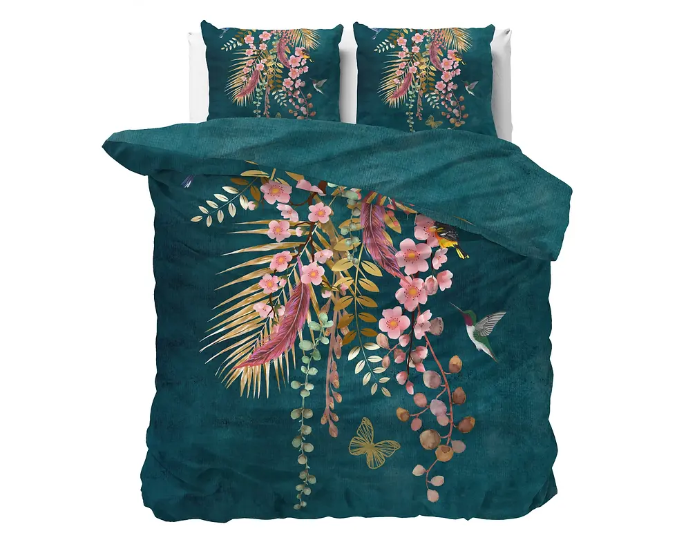 Miniatura: parure de lit coton ensemble housse de couette et taies d'oreiller coton de satin vert bleu pétrole rose fleurs jardin