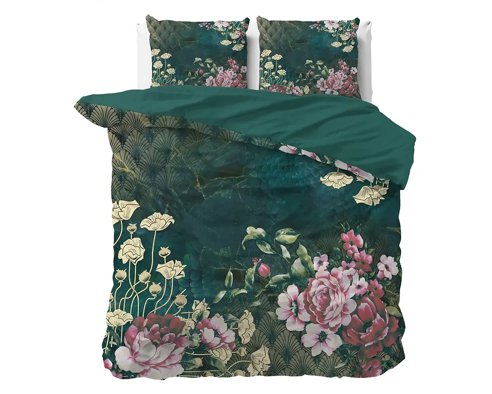 Miniatura: parure de lit satin de coton ensemble housse de couette et taies d'oreiller vert pétrole rose rouge