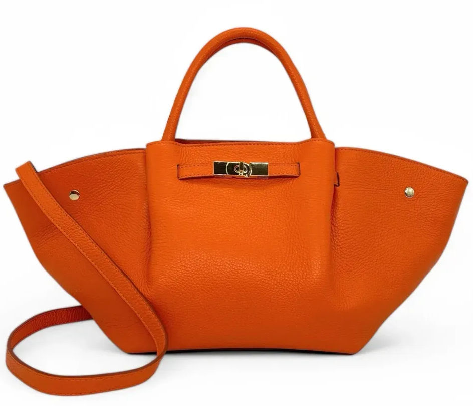 Grand sac à main italien en cuir grainé souple orange style cabas