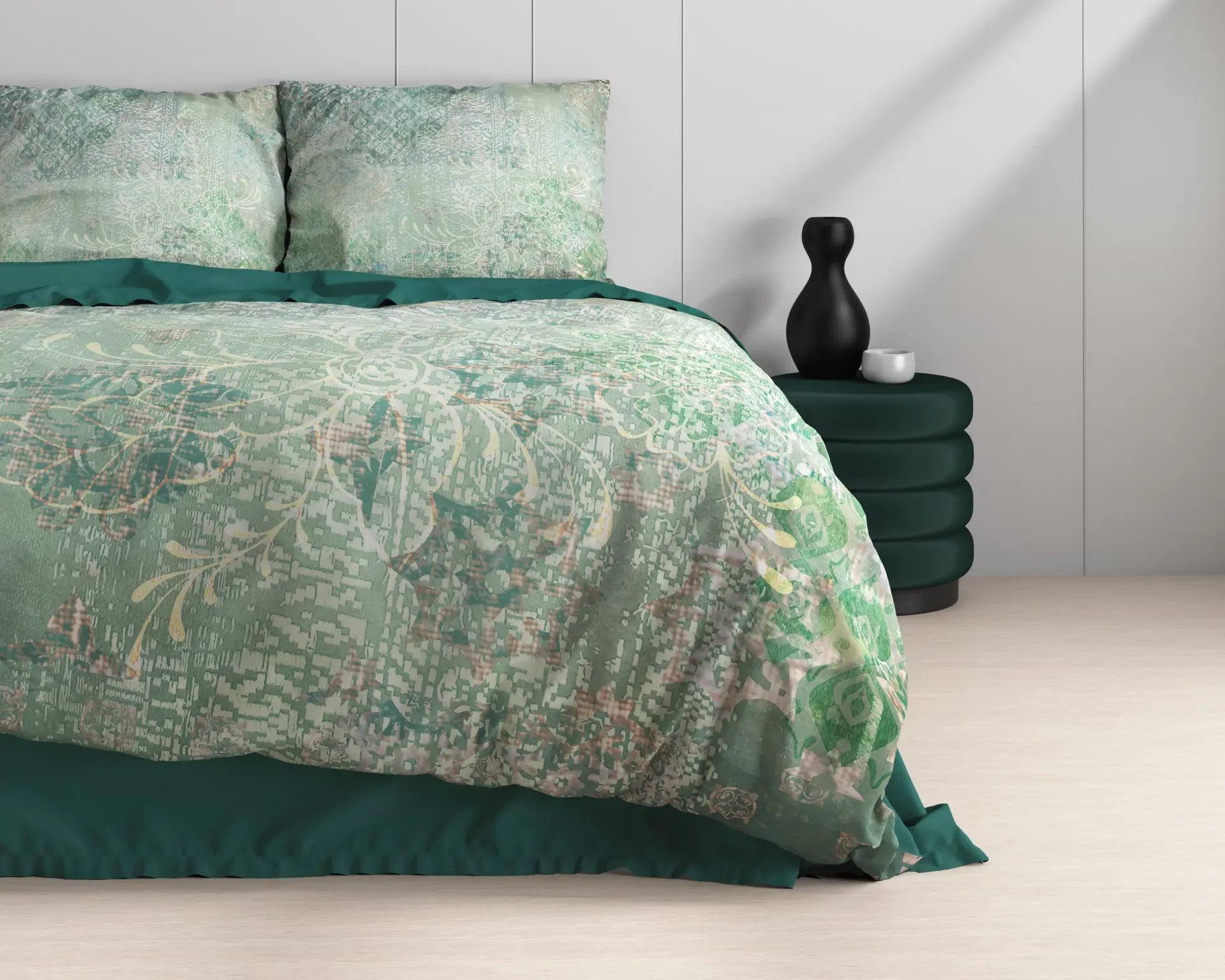 parure de lit satin de coton ensemble housse de couette et taies d'oreiller vert turquoise vintage